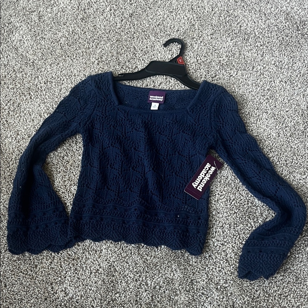 Weekend Academy Navy Crochet Square-Neck Sweater